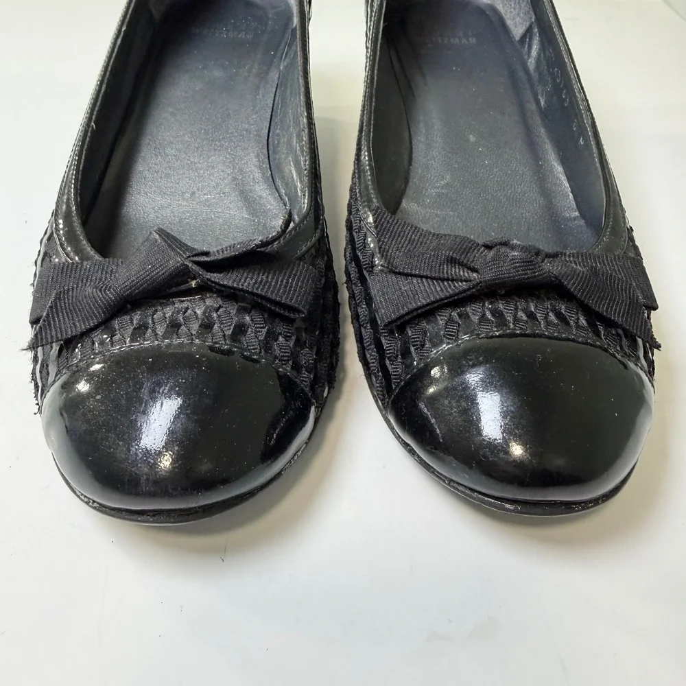 Stuart Weitzman Black Patent Woven Bow Wedge Pumps JW 25763 Size 8 M‎